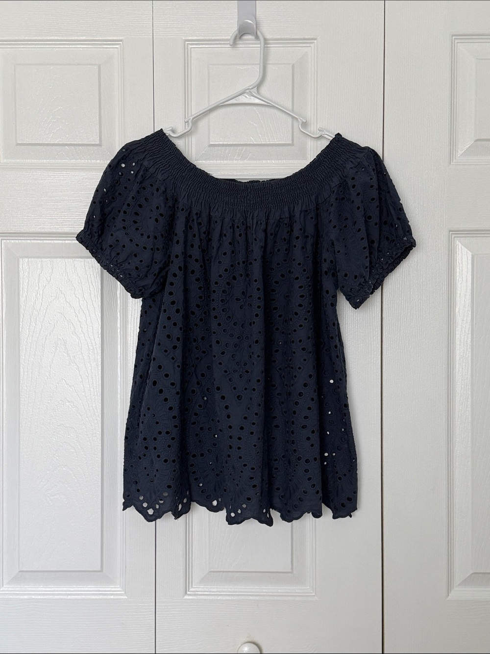 Tempo Paris Navy Eyelet Off-Shoulder Blouse